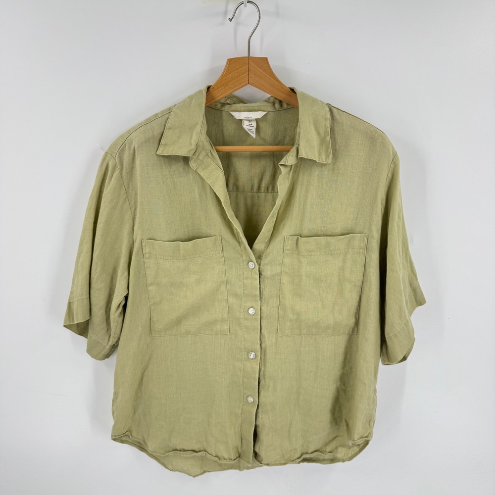 H&M Button Down Shirt Green M 100% Linen Short Sleeve Utility Boho Coastal
